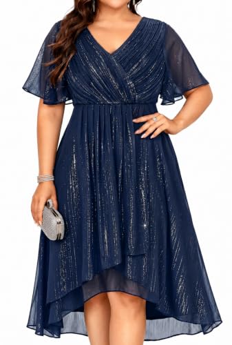Image of Talisea Plus Size Cocktail Dress - Formal Wedding Guest Fall Long Sleeve A Line Pleated V Neck Midi Dresses for Curvy Women