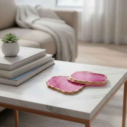 Image of Natural Agate Stone Rose Gold Plated Tea Coasters Set | Premium Stone Coasters for Tea, Coffee & Glass | Heat Resistant Coasters for Dining Table, Office Desk & Home Decor | Pack of 2 | Color -Pink