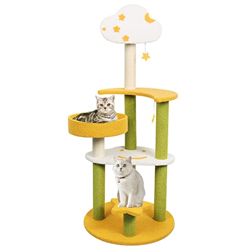 Lucky Monet 49.2 Inches Cute Cat Tree Tower with Sisal Scratching Posts, Multi-Level Cat Activity Tree Climbing Tower for Indoor Cats Kittens Pet House Play Rest (Green+Yellow)