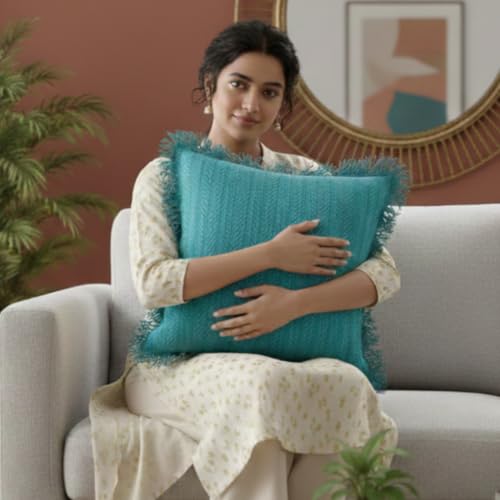Image of Teal Blue Cushion Covers - 16x16 Inch | Set of 2 | Hand-Woven Fringed Cotton Decorative Covers for Sofa, Living Room & Bedroom Decor | Square Shape Cushion Cases