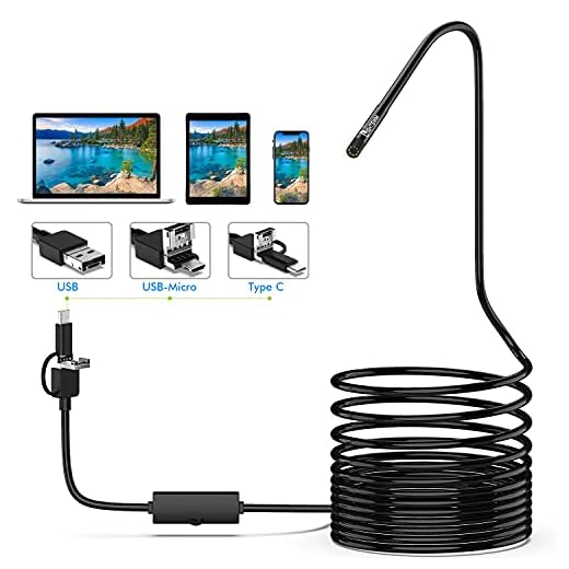 Lightswim Endoscope 3 en 1 USB/Micro USB/Type-C 1200P Cámara de inspección 2.0 megapíxeles HD Boroscopio Impermeable Cable semirrígido Snake Camera para Android/Windows/Macbook OS Computadora (5M)