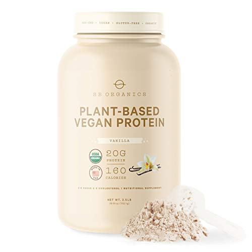 SB Organics Vanilla Vegan Protein Powder - 1.5 lb Canister of New Vanilla Formula Plant Based Organic 21g Protein Blend Shake Mix - Soy, Dairy, and Gluten Free