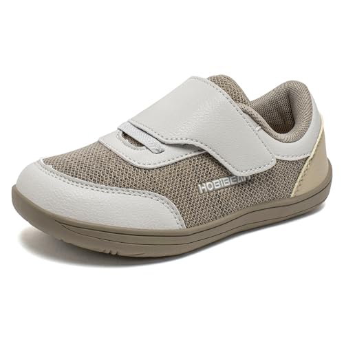 HOBIBEAR Kinder Barfußschuhe Breite Sneaker Jungen Mädchen Atmungsaktiv rutschfest Minimalistische Walking Schuhe mit Klettverschluss Outdoor Freizeit Komfortable Barfussschuhe Hellgrau27 EU