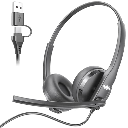 Necode USB Headset with Microphone for PC，Wired Computer Laptop Headset with Noise Cancelling Microphone, Work Headphones with Mic for Home Office Teams Zoom (USB-A&C)-Gray