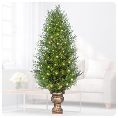 4FT Cypress Tree Artificial Pre-lit Artificial Emerald Green Arborvitae Potted Faux Shrub Bush...