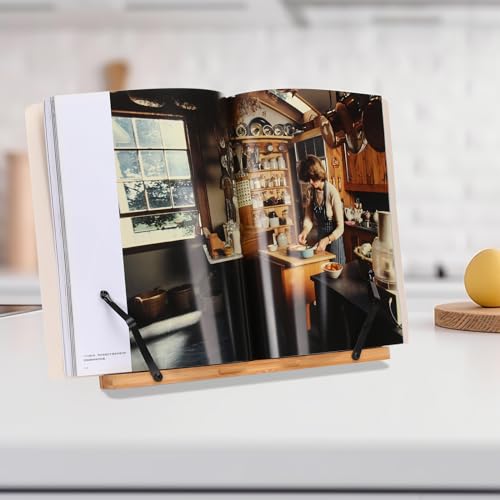 MEGREZ Bamboo Book Stand 11 x 8.0 inch, Foldable Cookbook Holder with 6 Adjustable Height, Reading Book Holder for Recipe, Music Book, Textbook, Tablet Stand, The Language of Lotus