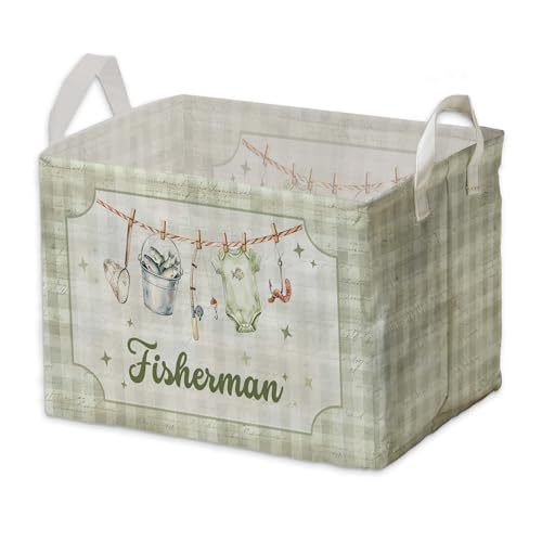 Image of Fishing Baby Shower Decorations,Fishing Storage Baskets,A little Fisherman Nursery Decor,Large Square Canvas Laundry Hamper With A Waterproof PE Coating,Foldable Kids Toy Clothes Bins for Bedroom