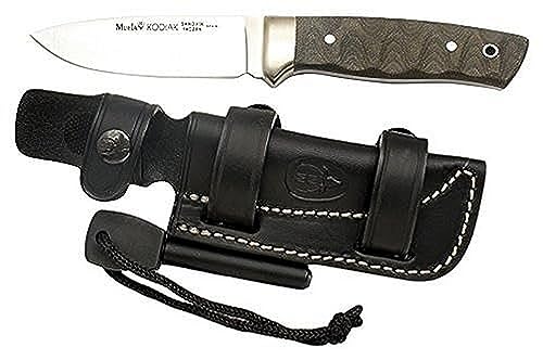MUELA KODIAK-10G.M Cuchillo de caza de hoja fija con iniciador de fuego y funda de cuero, 4 pulgadas