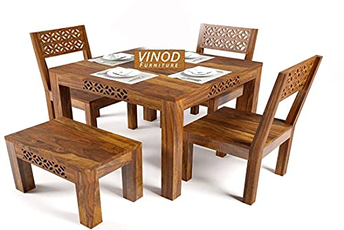 Image of Wooden Solid Sheesham Wood Dining Table 4 Seater | Dining Table Set with 3 Chairs & 1 Bench | Dining Room Furniture Teak Wood Dining Table 4 Seater | Honey Finish