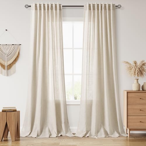 Image of Nanspring 102 Inch Long Curtains for Living Room Boho Linen Light Filtering Semi Sheer Curtain Back Tab Eclectic Home Decor Floor to Ceiling Modern Privacy Drapes for Bedroom 52x102, 2 Panels