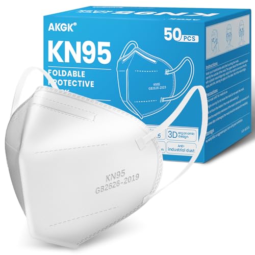 Akgk KN95 Face Mask 50 PCS, Breathable Protection 5-Ply White Masks, Cup Dust Safety