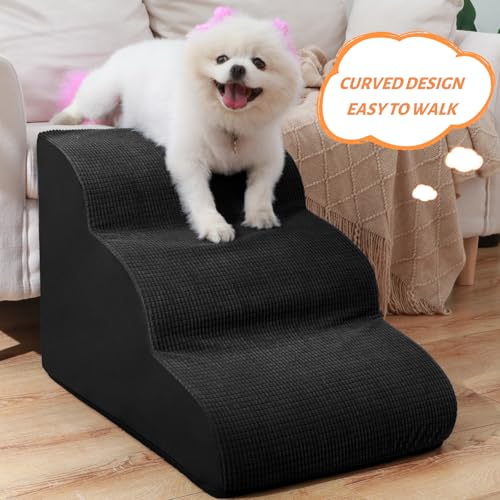 Image of Aodisman Dog Stairs for Small Dogs and Cats,3-Step Pet Ramp for Couch,Chair | 15.7 inch H Non-Slip Sturdy Dog Steps with Curved Ramp for Senior,Short-Legged Dogs,Puppy and Cats to Reach Sofa or Chair,Black
