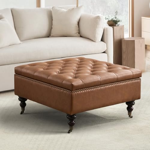 FriFurne Square Storage Ottoman Coffee Table Tufted Upholstered Large Ottoman with Storage with Rolling Wheels Oversized Footrest Ottomans for Living Room, Brown Faux Leather