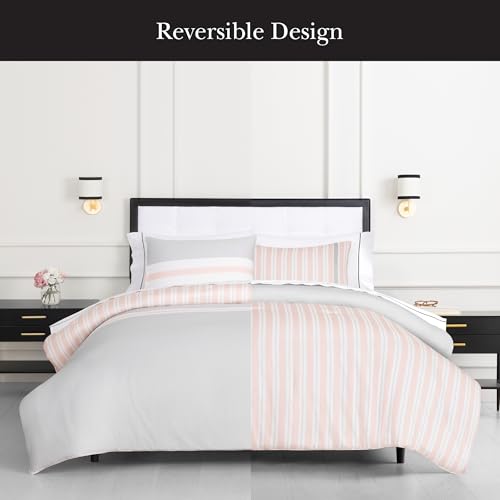 Image of kate spade new york Engineered Stripe 3-Piece King Comforter Set, 300 Thread Count and 100% Cotton Reversible Cover, All Season Warmth Bedding, Machine Washable, Pink and Grey
