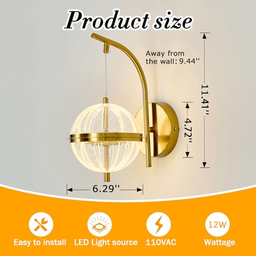 Image of UOFUS Gold Wall Sconce with Globe Acrylic Shade Mid Century Modern LED Wall Light Fixture 12W 3000K /4000K /6000K Temperature Adjustable Super Bright Bathroom Vanity Light for Bedroom Hallway