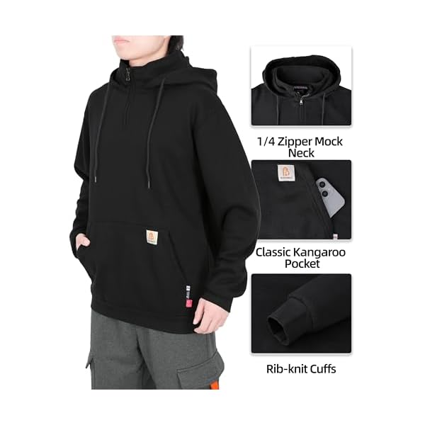 BOCOMAL FR Hoodies 1/4 Zipper Pullover Cotton Fleece Hooded Sweatshirts - Image 4