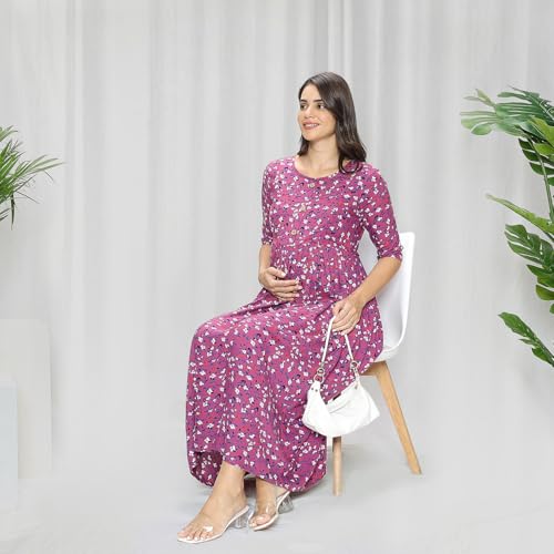 Image of MomToBe Women's Rayon Midi Maternity Dress /Feeding Dress /Pregnancy Dress /A-Line Western Dress with Zippers for Nursing Pre and Post Pregnancy - Floral Print