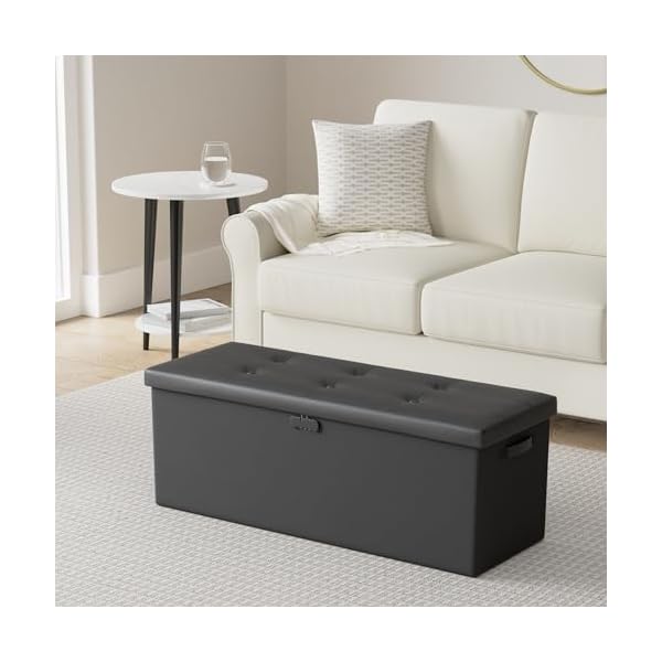 Engpow storage ottomanfireproof folding storage bench with lock15x 43x15waterproof leather storage bench chest with handles2 extra storage boxesstorage safe for living roombedroomblack  urban country home decor