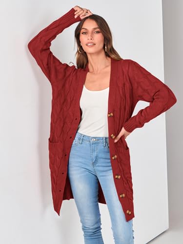 Image of PRETTYGARDEN Long Sleeve Cable Knit Long Cardigan for Women 2026 Spring Winter Chunky Open Front Button Sweaters with Pockets