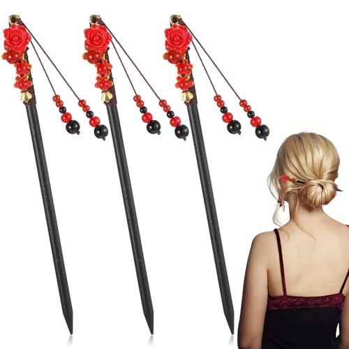 Matwsec 3PCS Chinese Hair Sticks Wooden Hair Chopsticks for Women Flower Japanese Hair Pin for Long Hair Japanese Dress Geisha Costume