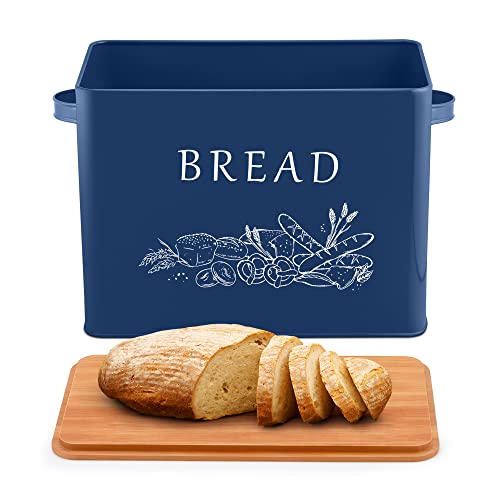 LIANYU Navy Blue Bread Box with Bamboo Cutting Board Lid, Large Farmhouse Metal Bread Storage Container for Kitchen Countertop, Bin Organizer for Counter 13x7x9.8 Inch