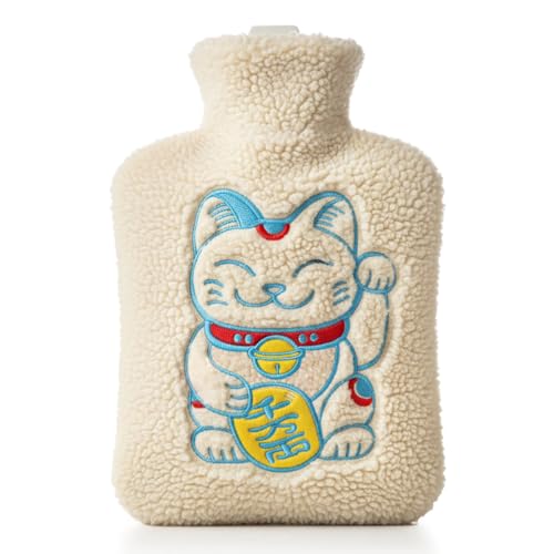 Maneki Neko Bouillotte douillette Chat porte-bonheur Blanc Grande bouillotte 1,8 l (33 x 20 cm)