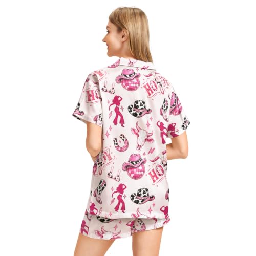 Image of Funny Pajamas for Women Set Print Satin Loungewear Pjs Short Sleeve Button Down Top and Shorts Sets Sleepwear XS-3XL
