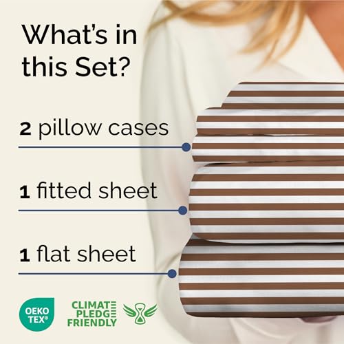 Image of Queen 4 Piece Striped Sheet Set - Soft, Breathable & Cooling - Brown Stripe | 1 Flat, 1 Fitted & 2 Pillowcases w / Deep Pockets, Luxury Striped Bedding, Soft, Breathable & Cooling, Wrinkle & Fade Free