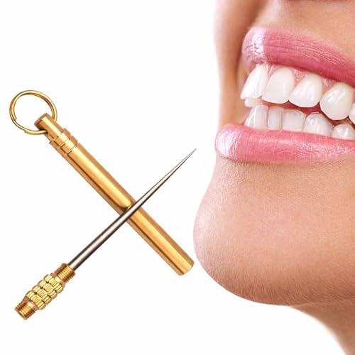 Image of Metal Toothpick Keychain | Reusable Food Pick with Stainless Steel Tip | Brass Gold Pocket Toothpick | Multipurpose Pick Tool | Pack of 1