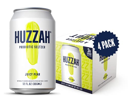 HUZZAH - A Healthy Sparkling Seltzer Water, Probiotic Drink - Juicy Pear - 4 Pack - Low Calorie & Low Sugar Bubbly Water Drink, Vegan and Gluten Free, 12 Fl. Oz Cans