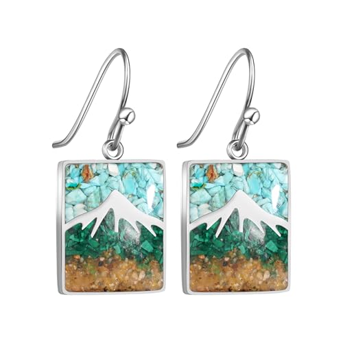 Natural Turquoise Mountain Stud Earrings, Handmade Gemstone Snow Mountain Jewelry, Stainless Steel Dangle Earrings, Birthday Gift Valentine’s Gift for Nature Lovers (Rectangle Style B-Turquoise+Malachite +River Sand) by Lauren-Spencer - Used condition - US$7.86