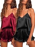 Ekouaer 2 Packs Silk Pyjamas for Women Satin Pjs Set Sexy Cami Shorts Set Ruffle Sleepwear V Neck Loungewear, Black + Red XXL