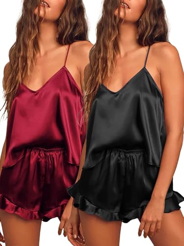 Ekouaer 2 Packs Silk Pyjamas for Women Satin Pjs Set Sexy Cami Shorts Set Ruffle Sleepwear V Neck Loungewear, Black + Red S