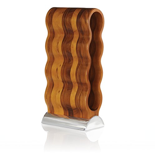 Nambé Curvo Wine Rack - 4-Bottle - Modern Sculptural Holder with Acacia Wood Frame & Nambé Alloy Base, Elegant Countertop Storage for Dining Room, Kitchen Bar & Home Décor