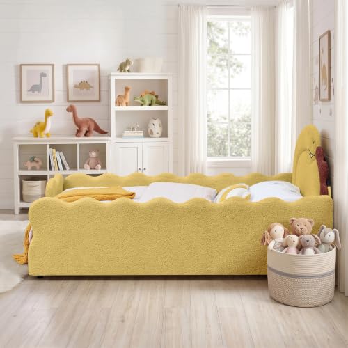 Image of Full Bed Frame for Kids, Floor Platform Bed Dinosaur, Yellow