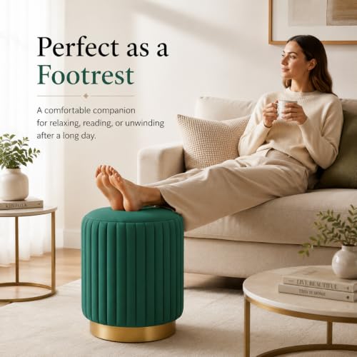 Image of Designer Velvet Round Footstool Ottoman with Sturdy Gold Metal Band Base for Home Decor & Extra Seating, Lightweight Pouf Stool for Sofa Side & Bedroom, 16x16x17 Inch (Seagreen)