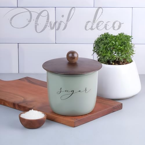 Image of Airtight Sugar, Coffee and Tea Canister Set of 3 with Wooden Spoons, Green, Metal with Wood Lid, 800ml, 11x11x15 cm | Food-Safe Jar Set for Kitchen counter top Container
