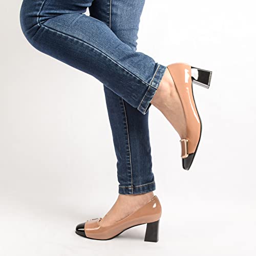 ANN CREEK Women Pumps Shoes Chunky Heels Closed Toe Pumps Short Heels Work Dressy Low Heel Pump Square Toe Two Tone 2 Inch Block Heels Cute Patent Leather Angela Nude - 7.54