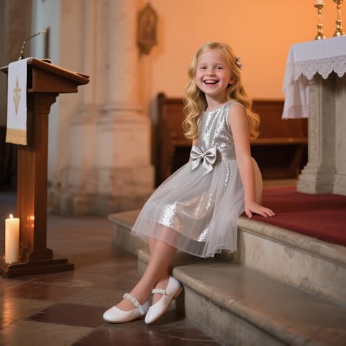 THEE BRON Toddler Mary Janes Ballet Dress Flats Flower Girl Sparkly Pearl Shoes(AF476 Little Kid,White/13M) - Thumbnail 2