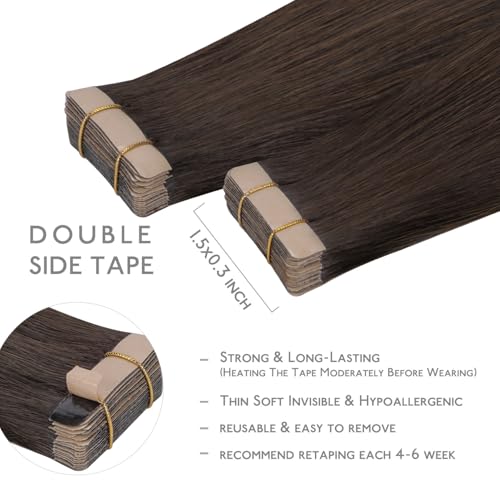 Image of WENNALIFE Tape in Hair Extensions Human Hair, 20pcs 50g 20 inch Light Dark Brown Remy Hair Extensions for Women Tape Ins Straight Extensiones De Cabello Humano Skin Weft