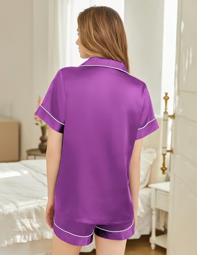 Image of Silk Pajamas for Women Short Sleeve Sleepwear Soft Button Down Loungewear 2 Piece Satin Pjs Shorts Set S-XXL