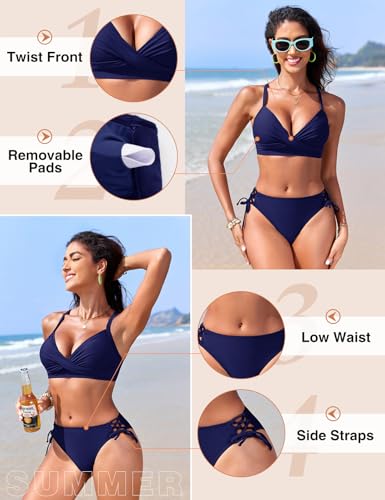 Nadeer Bikini Damen Set Push Up Bikinis Zweiteiliger Sexy Twist Front Crossback Mittlere Taille Bademode Badeanzug mit Seitliche Schnürung Swimsuit Sport Strand(Marineblau, L)-5