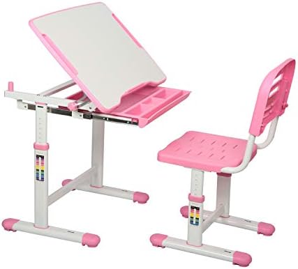 Diroan Kids Multifunctional Desk and Chair Set, Height Adjustable Children School Study Desk with Tilt Desktop, Metal Hook and Storage Drawer for Boys Girls (Pink)
