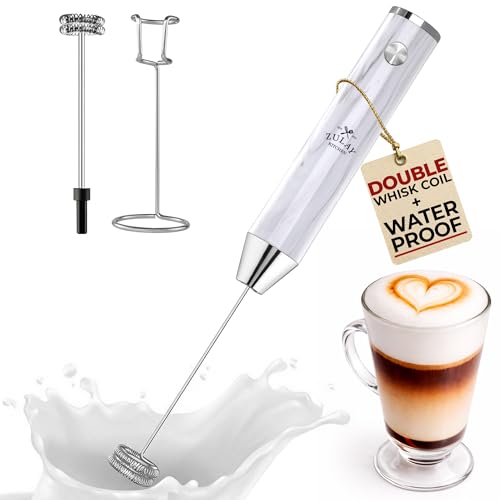 Image of Zulay Kitchen Rechargeable Milk Frother Handheld - Frother Wand, Drink Mixer, Electric Whisk Frother, for Cappuccinos, Matcha & Protein Powder - Lux 4 Whisk 2 Speed Waterproof 2000mAh White Marble