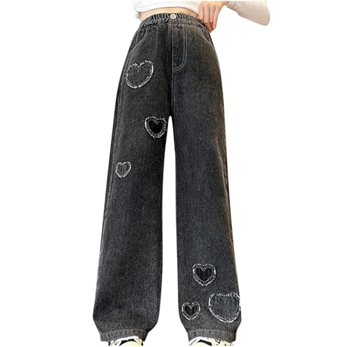 Girls Jeans Casual Elastic High Waisted Wide Leg Pants Kids Heart Print Denim Pants Baggy Trousers with Pockets