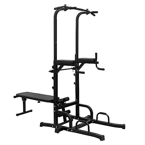 Tzou Power Tower With Bench Pull Up Bar Dip Station Adjustable Height Dip Stand Multi-Function Fitness Rack For Gym Home Living Room Black