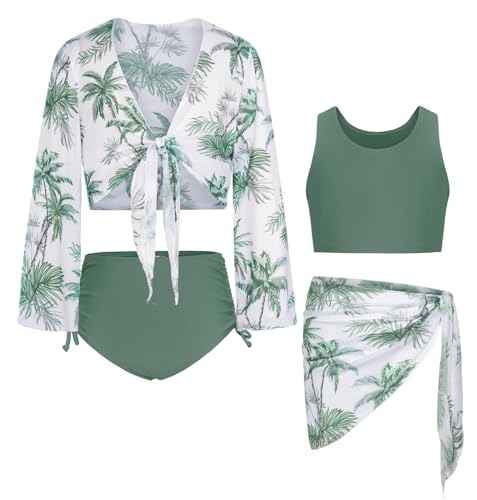 Image of GRACE KARIN Girls Bathing Suit Adjustable Taniki Swimsuit Tie Front 4 Piece Bikini Set with Kimono Cover Up 6-14