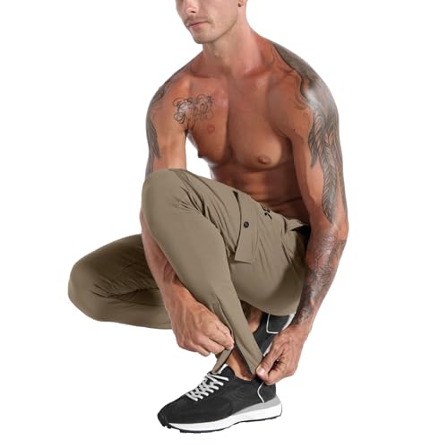 BROKIG Mens Cargo Gym Jogger Trousers, Running Tracksuit Bottoms, Sport Workout Sweatpants with Pockets (S, Beige) - Image 3