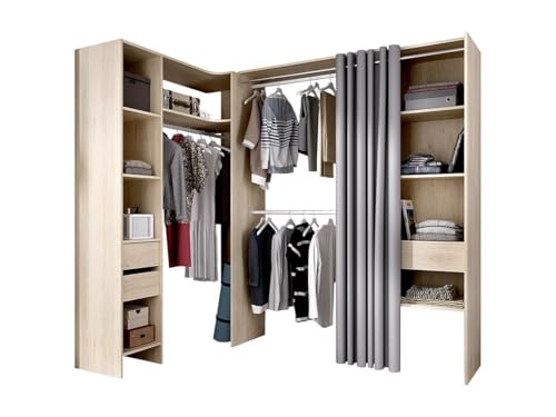 Venta Unica   Armario ropero Angular y Extensible GONTRAN   Ancho 164/214 cm   Roble y Gris