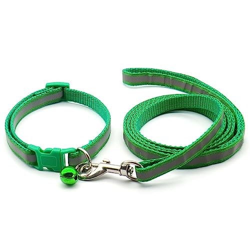 Small Dog Puppy Pet Collar and Lead Set Reflective Hi-Vis Strip Nylon Adjustable Size 19-32cm Collar with Bell and 120cm Leash Green - Image 2